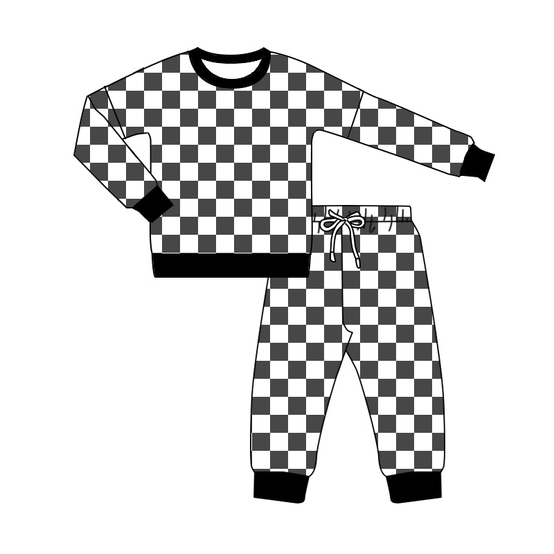 BLP0786 Black and white plaid long-sleeved trousers pajama set