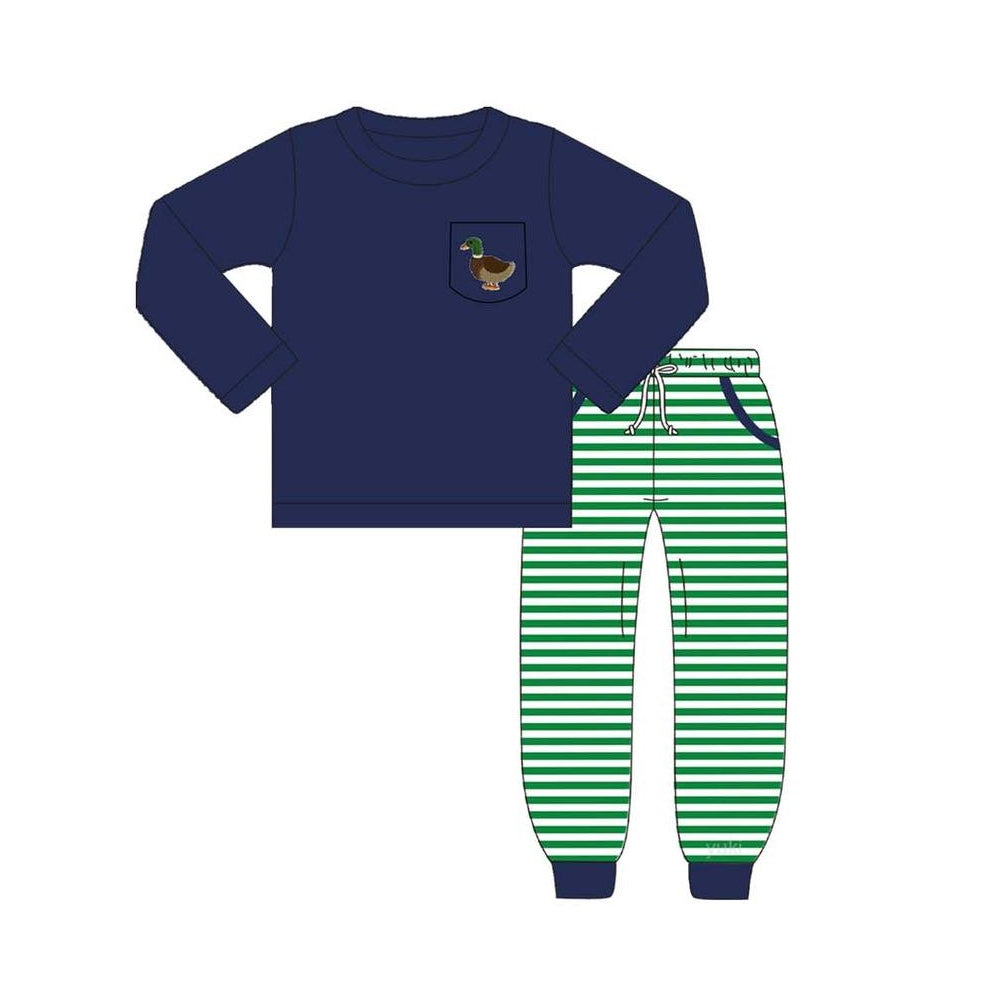 BLP0795 Duck Pocket Navy Blue Long Sleeve Green Striped Trousers Set