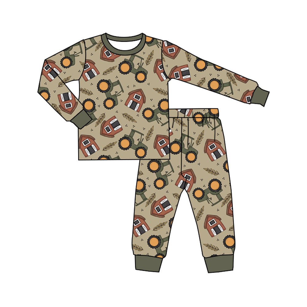 BLP0803 Farm Tractor House Brown Green Long Sleeve Long Pants Pajama Set