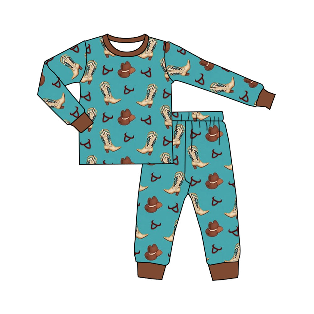 BLP0872 Bamboo Boots, cowboy hat, blue-brown long-sleeved pants, pajama set