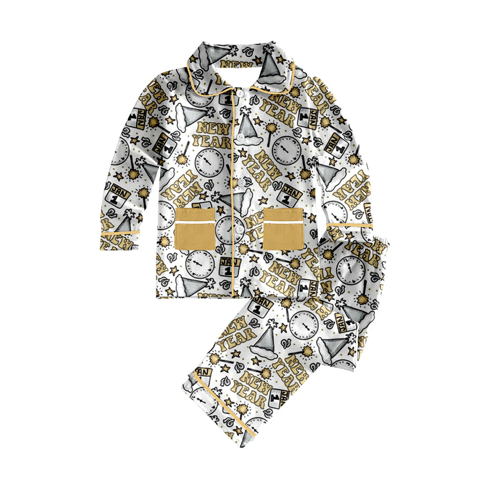 presale BLP0874 New Year Gold Pocket White Long Sleeve Long Pants Pajama Set 2024 8.22