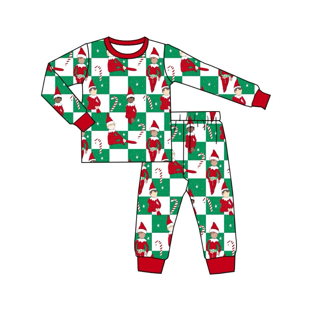 BLP0875 Bamboo Christmas Elf Cane Green and White Plaid Long Sleeve Long Pants Pajama Set