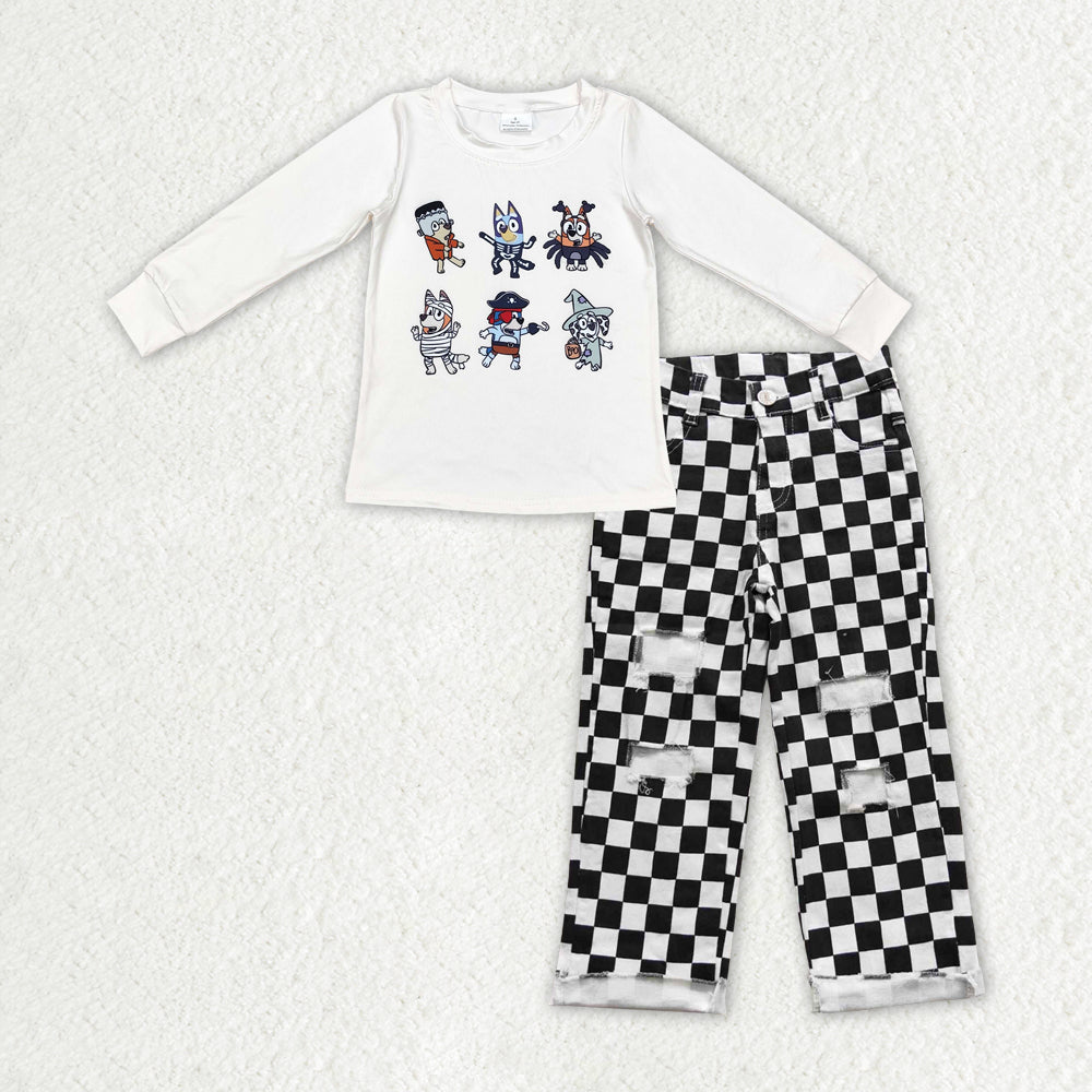BLP0892 Baby Boys Dogs Halloween Black Checkered Denim Pants clothes sets