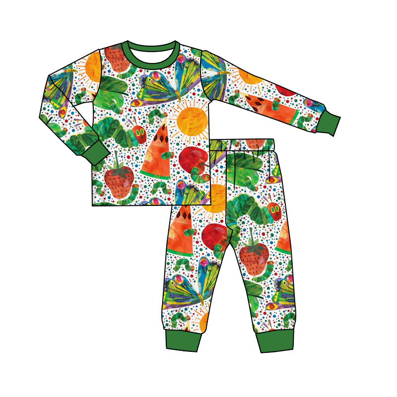 BLP0909 Cartoon green and white long-sleeved trousers pajamas set