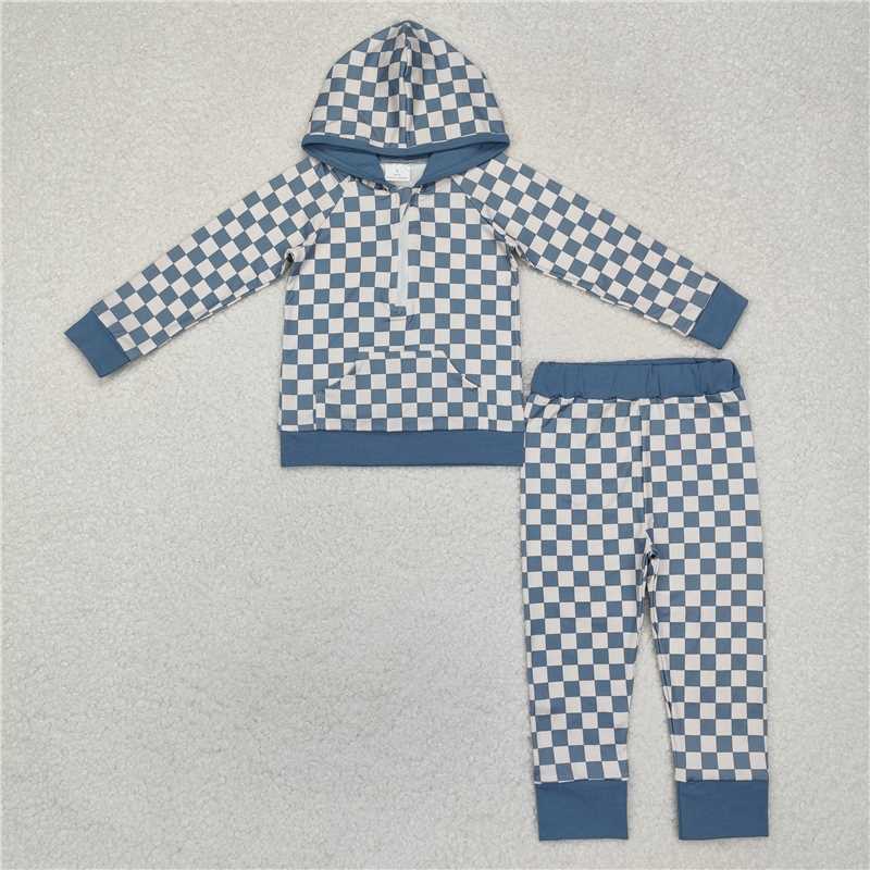 Match Boys Baby Girls Checkered Zip Hooded Top Pants Clothes Sets