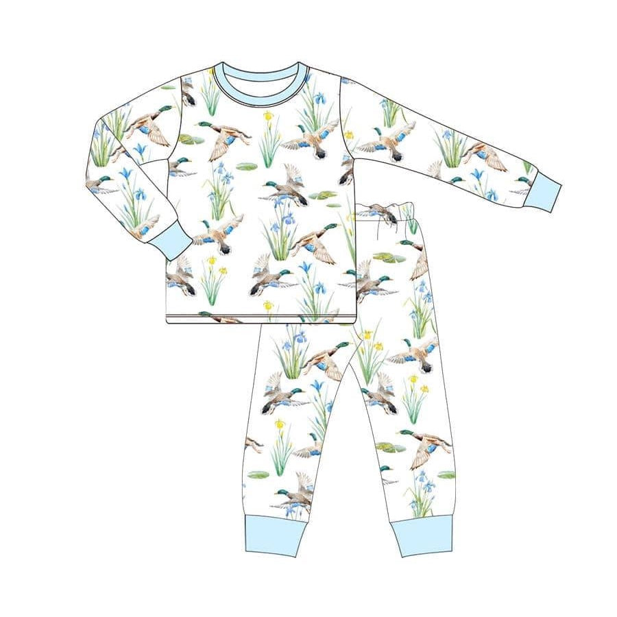 BLP1034 Bamboo Duck Floral Blue and White Long Sleeve Long Pants Pajama Set