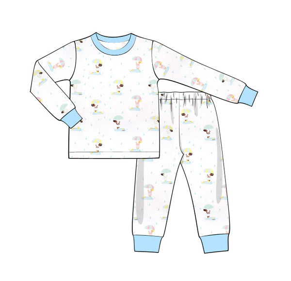 presale BLP1035 Raindrops holding umbrella kids blue and white long sleeves and long pants pajamas set 2024 10.10