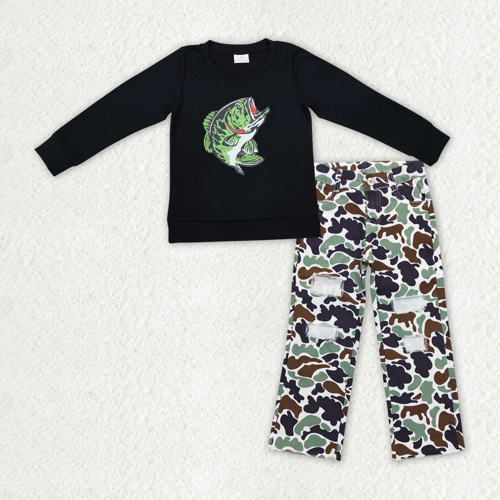 BLP1061 TODDLER BOY CLOTHES FISH SHIRT VINYL PATTERN BLACK BOY WINTER OUTFIT JEANS SET