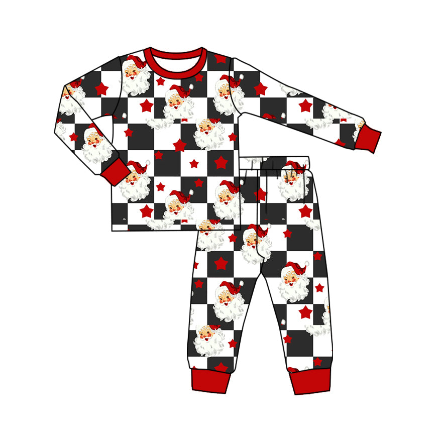 presale BLP1068 Baby Boys Long Sleeves Black Plaid Santa Stars Top Pant Pajamas Set D 5.15