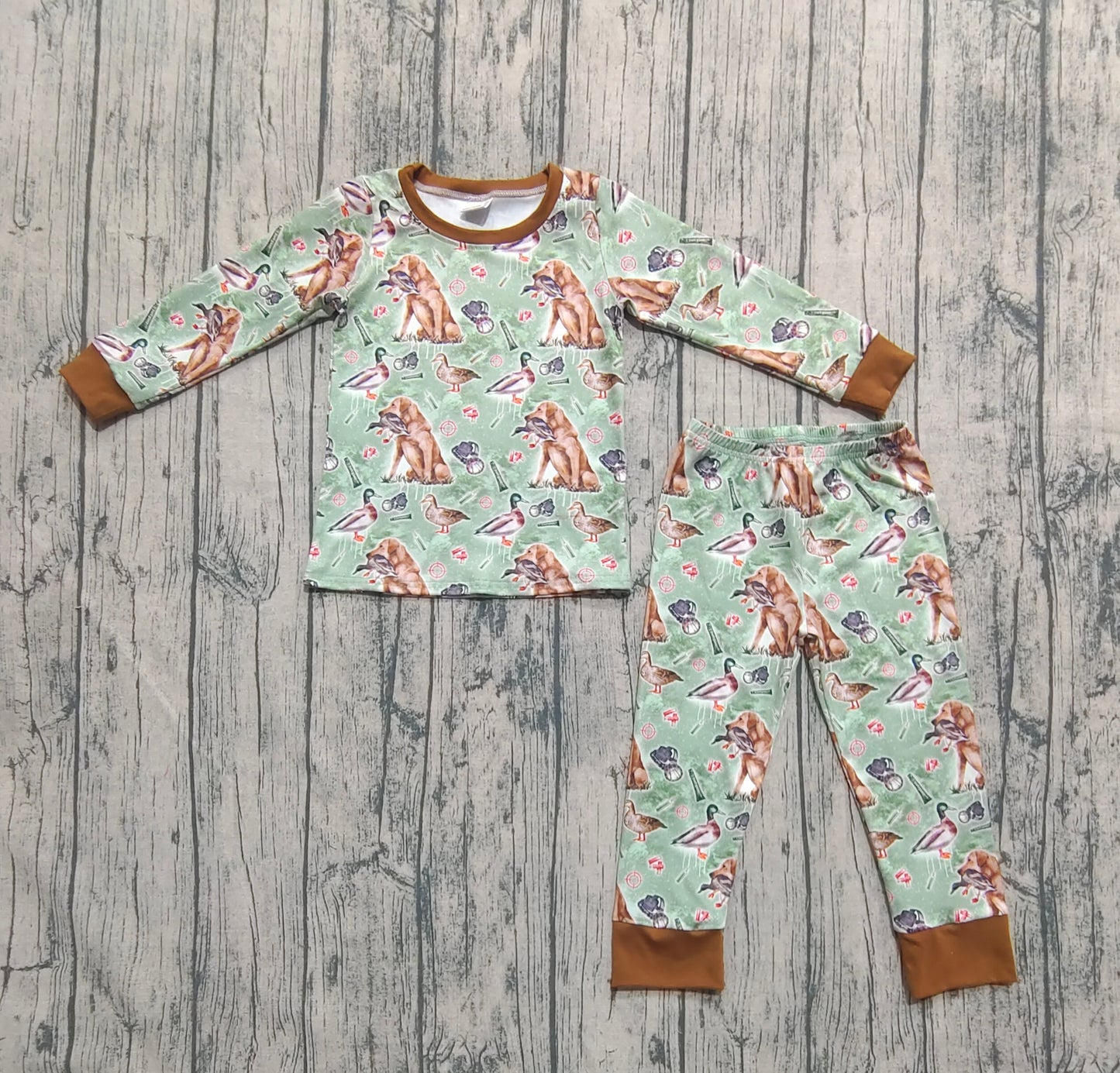 BLP1070 Baby Boys Green Long Sleeves Dogs Ducks Baseballs Top Pant Pajamas Se D 6.17