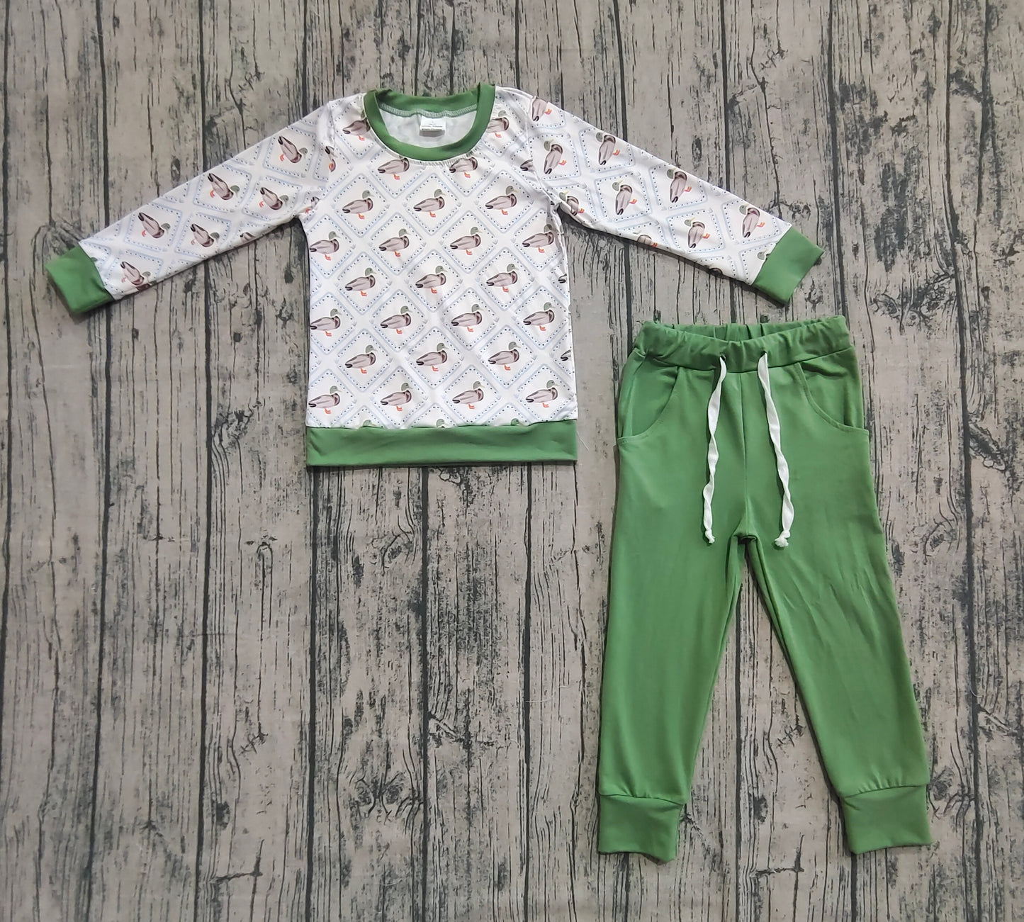 BLP1071 Baby Boys Long Sleeves Green Ducks Plaid Top Pockets Legging Pant Set D 6.26
