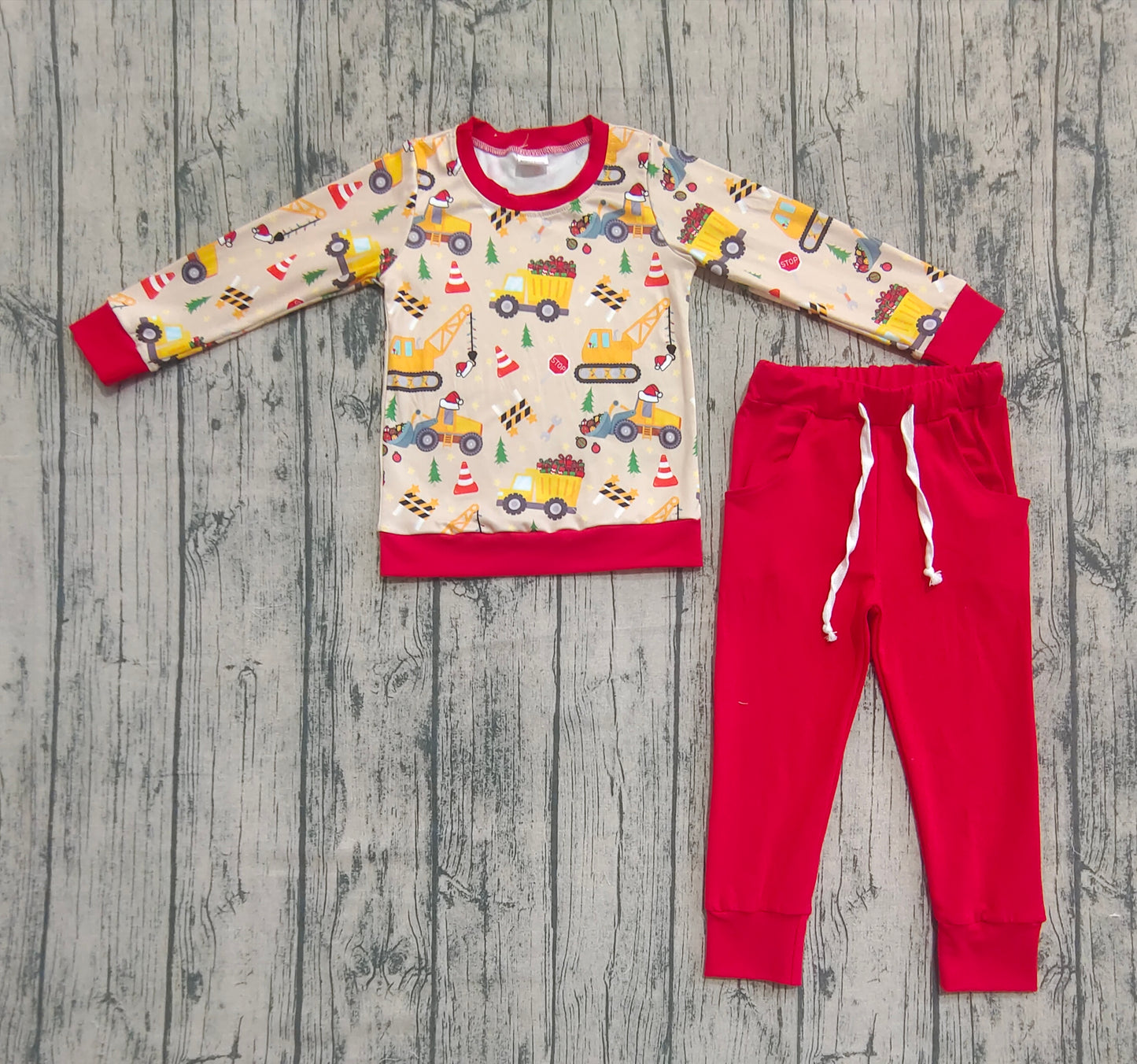 BLP1073 Baby Boys Red Long Sleeves Excavators Hats Top Pockets Legging Pant Set D 7.14