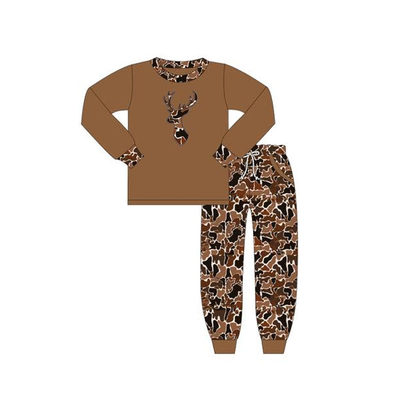 BLP1078 Embroidery Camo Deer Baby Boys Brown Top Pockets Leggings Clothes Set D 901