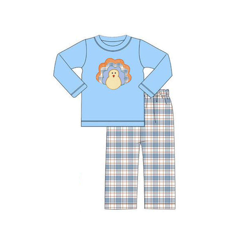 BLP1079 Baby Boys Blue Long Sleeves Turkey Top Plaid Flame Pant Set D 7.12