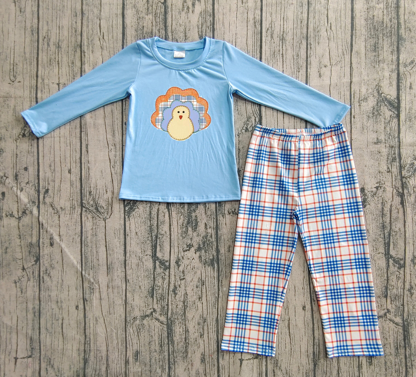 BLP1079 Baby Boys Blue Long Sleeves Turkey Top Plaid Flame Pant Set D 7.12