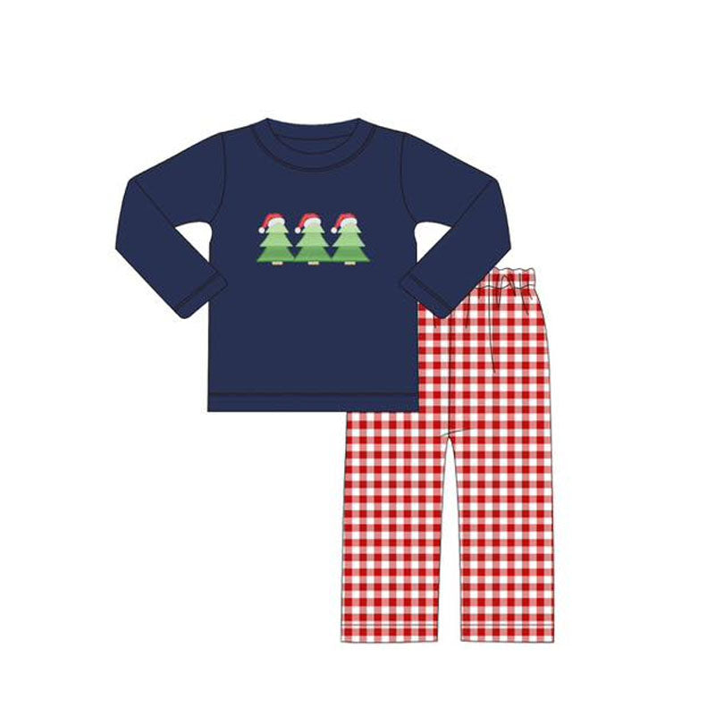 presale BLP1083 Baby Boys Navy Long Sleeves Trees Hats Top Red Plaid Flame Pant Set D 5.29