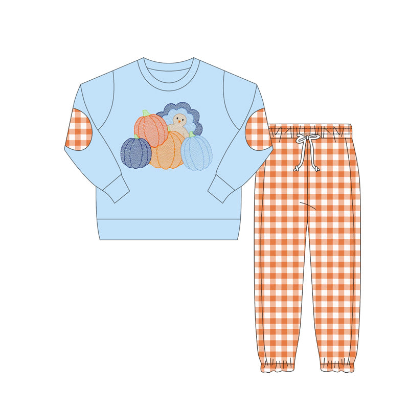 presale BLP1094 Baby Boys Blue Long Sleeves Turkey Pumpkins Top Orange Plaid Pant Set D 6.4