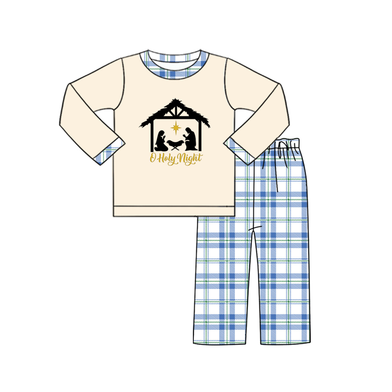 presale BLP1100 Baby Boys Long Sleeves Jesus Nativity Top Blue Plaid Pant Set D 923