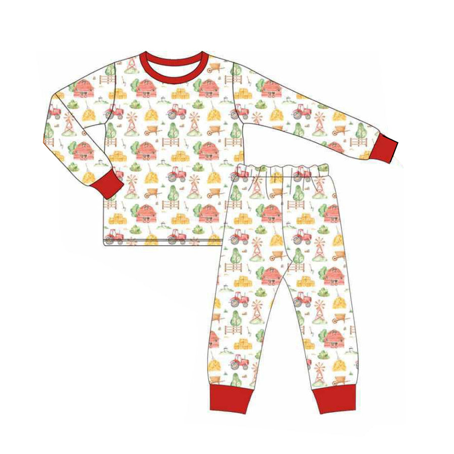 presale BLP1118 Baby Boys Long Sleeves Red House Trucks Top Pant Farm Pajamas Set D 6.13