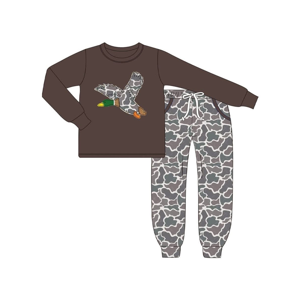 BLP1123 Baby Boys Brown Long Sleeves Duck Top Camo Pocket Pant Set D 7.21