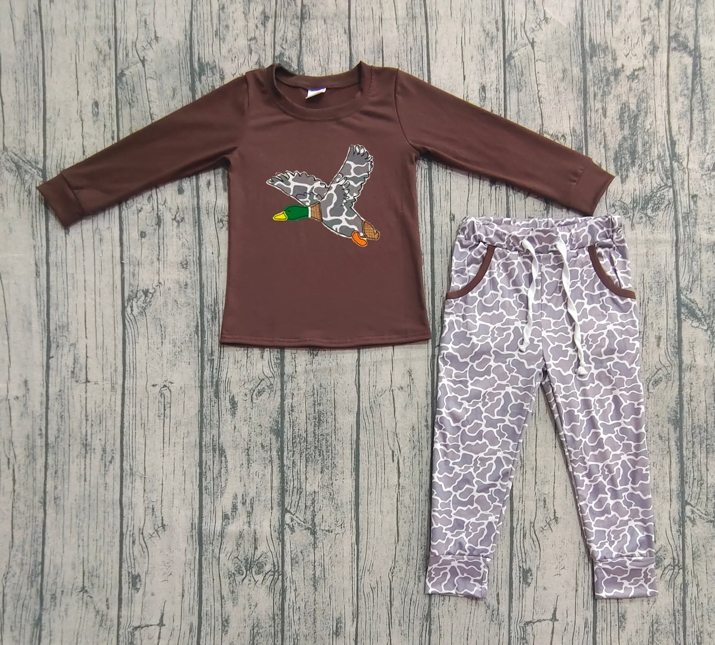 BLP1123 Baby Boys Brown Long Sleeves Duck Top Camo Pocket Pant Set D 7.21