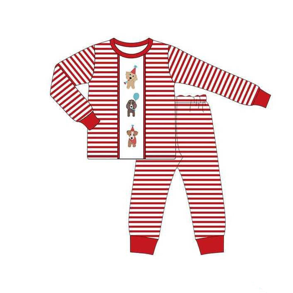 presale BLP1125 Baby Boys Long Sleeves Red Stripe Dogs Top Pant Pajamas Set D 6.13