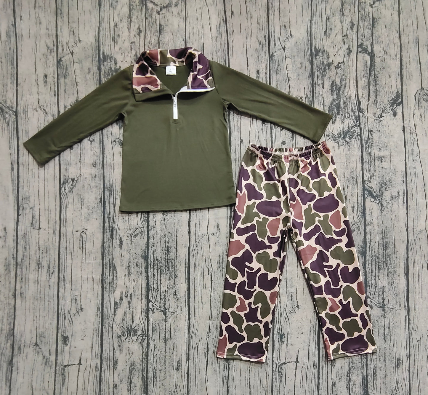 BLP1138 Baby Boys Dark Green Long Sleeves Zipper Top Camo Pant Western Set D 7.4