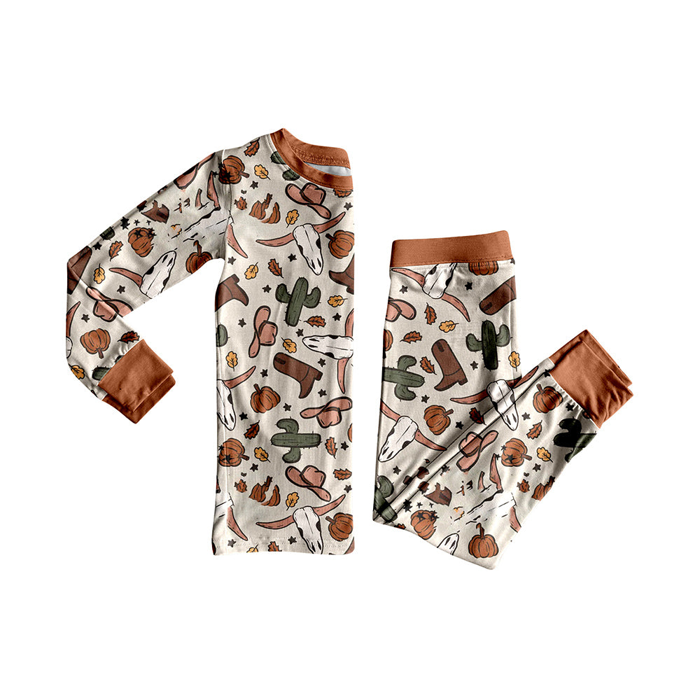 BLP1141 Baby Boys Brown Long Sleeves Bull Skull Cactus Top Pant Pajamas Set D 7.21