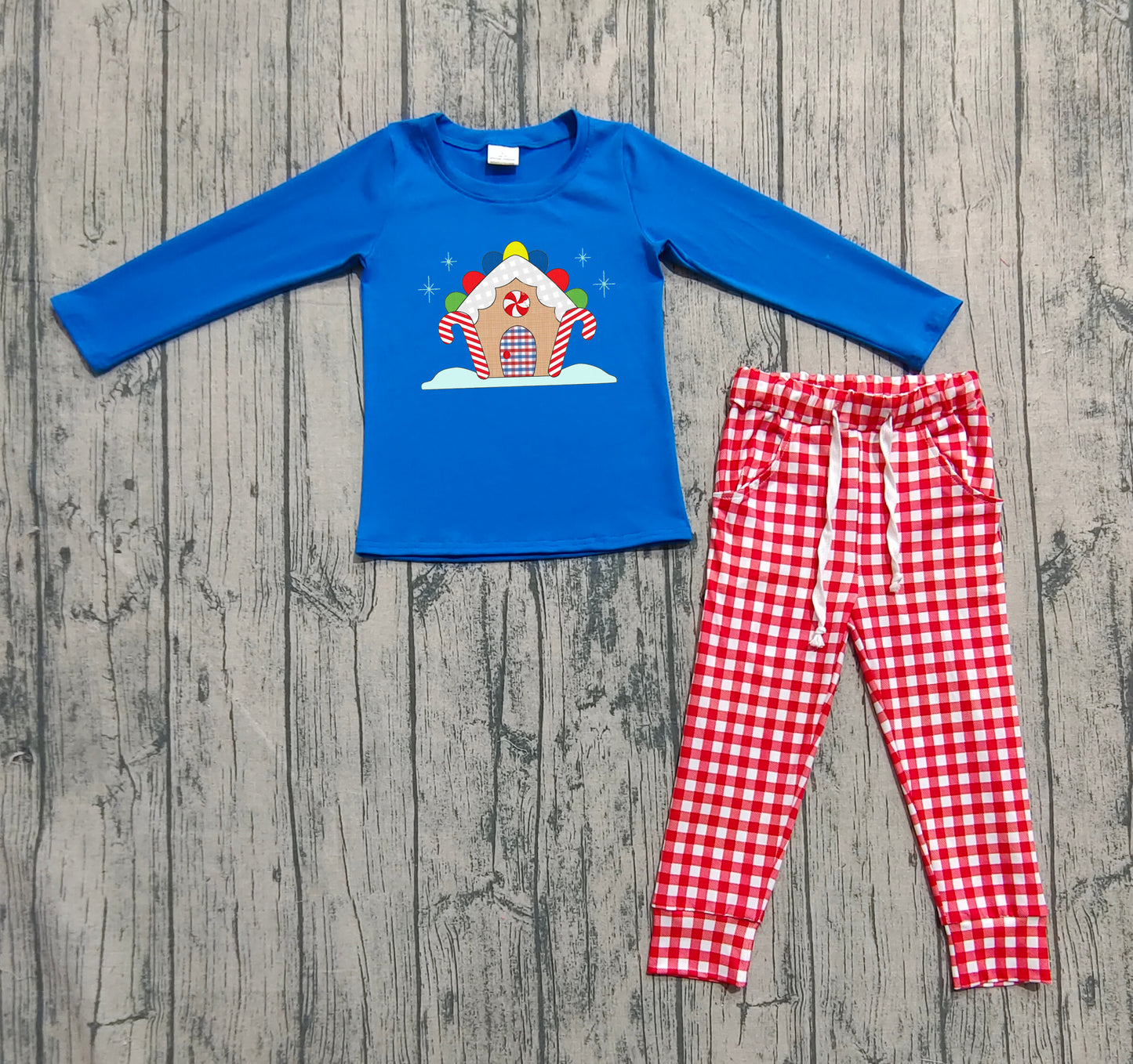 BLP1151 Baby Boys Blue Long Sleeves Candy Cane Top Red Plaid Pockets Pant Set D 829