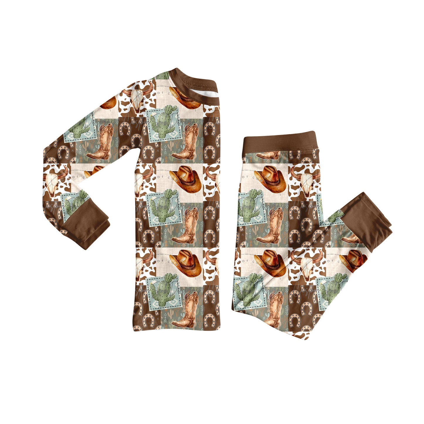 presale BLP1152 Baby Boys Long Sleeves Cactus Boots Plaid Top Pant Pajamas Set D 6.25
