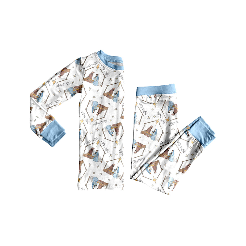 presale BLP1170 Baby Boys Long Sleeves Nativity Plaid Top Pant Pajamas Set D 7.8
