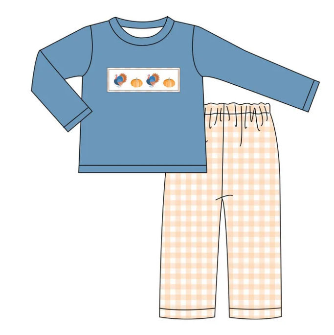 BLP1176 Embroidery Turkey Pumpkins Baby Boys Plaid Pant Thanksgiving Clothes Set D 924