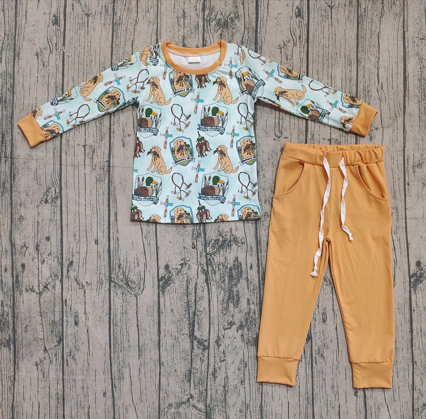 presale BLP1177 Baby Boys Long Sleeves Dogs Ducks Plaid Top Pockets Pant Set D 910