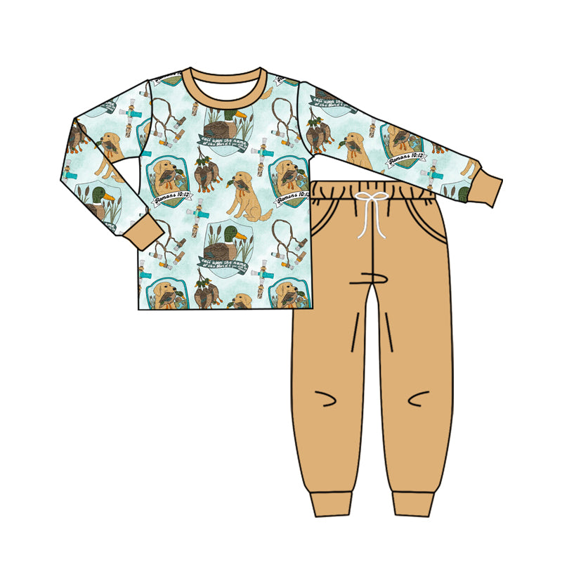 presale BLP1177 Baby Boys Long Sleeves Dogs Ducks Plaid Top Pockets Pant Set D 910