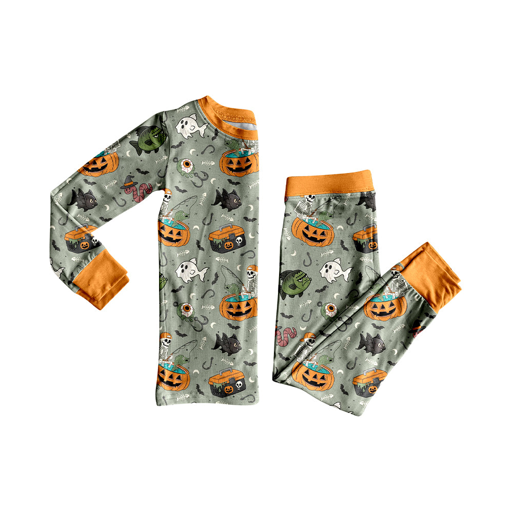 presale BLP1190 Baby Boys Long Sleeves Ghost Pumpkins Fishing Top Pant Pajamas Set D 7.18