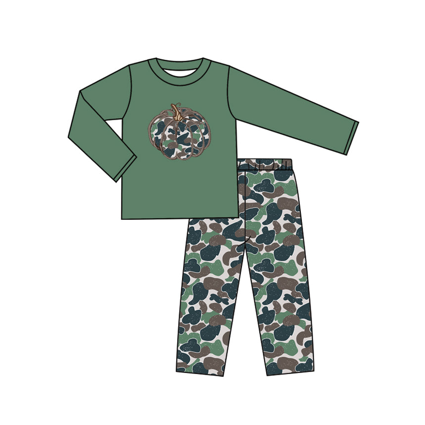 presale BLP1191 Baby Boys Long Sleeves Green Camo Pumpkin Top Pant Western Clothes Set D 7.18
