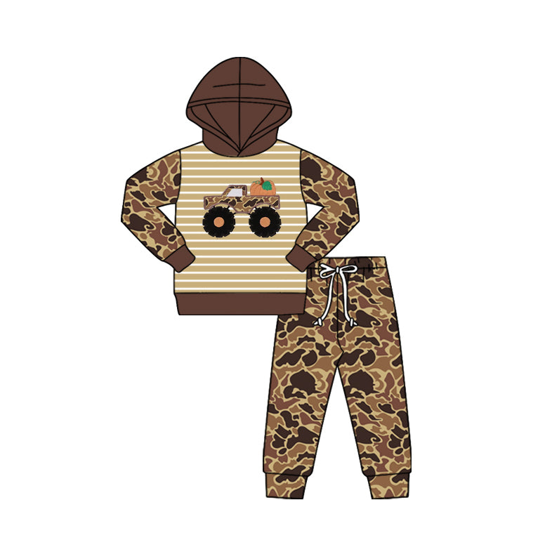 presale BLP1192 Baby Boys Brown Camo Long Sleeves Truck Pumpkin Hoodie Pant Western Set D 924