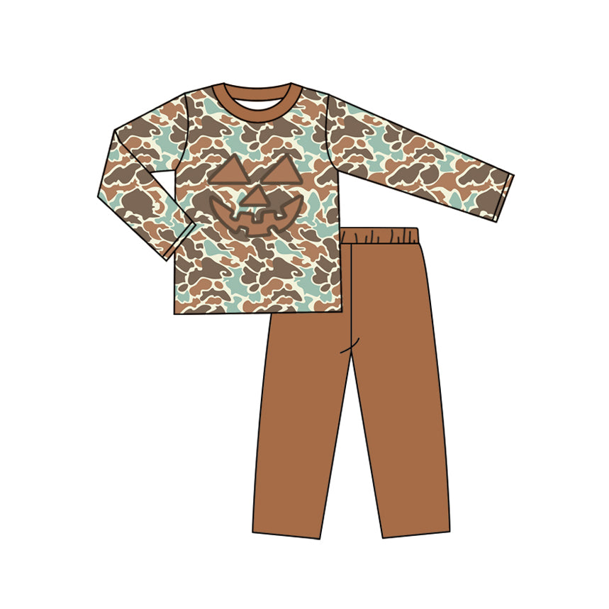 presale BLP1193 Baby Boys Brown Camo Long Sleeves Ghost Pumpkins Top Pant Western Set D 7.18