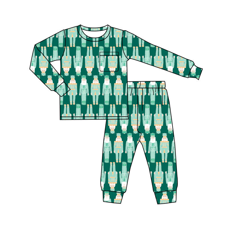 presale BLP1194 Baby Boys Green Long Sleeves Soldiers Plaid Top Pant Pajamas Set D 7.19