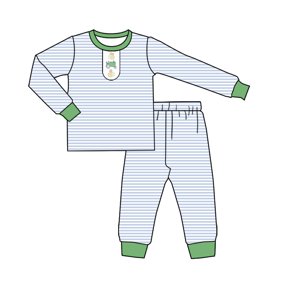 presale BLP1201 Baby Boys Blue Stripe Pumpkins Top Pants Fall Pajamas Set D 7.28