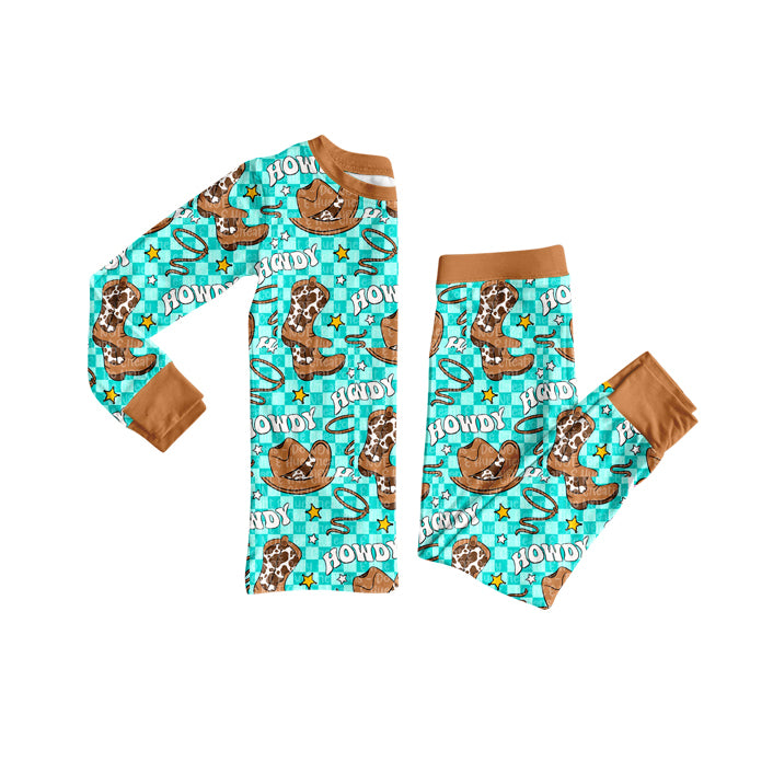 BLP1207 Baby Boys Howdy Hats Plaid Top Pants Western Pajamas Set D 1027