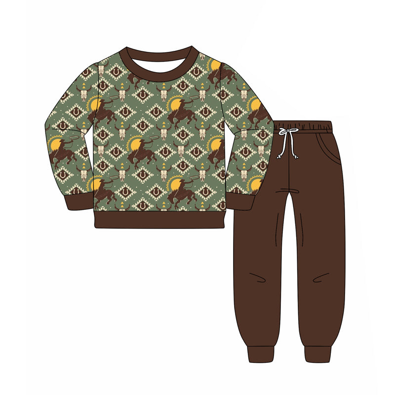 presale BLP1209 Horseback Riding Alpine Bull Head Geometric Pattern Brown-Green Long-Sleeved Pants Suit D 8.4