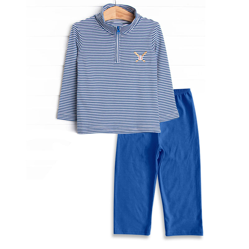 presale BLP1220 Baby Boys Blue Stripe Baseball Half Zipper Pullover Legging Pant Team Set D 8.9