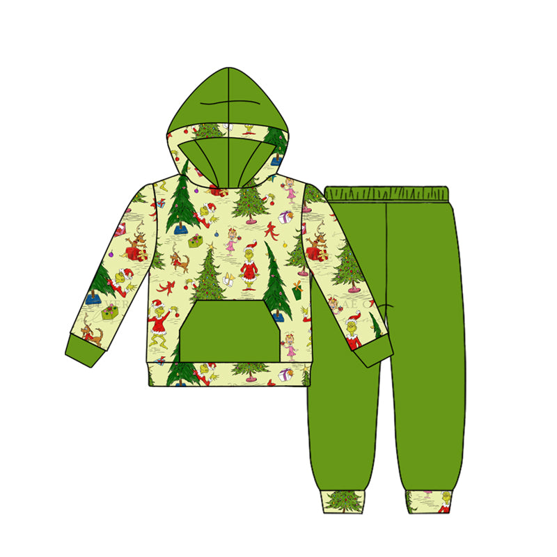 BLP1224 Baby Boys Green Faces Christmas Trees Pocket Hoodie Legging Pant Set D 922