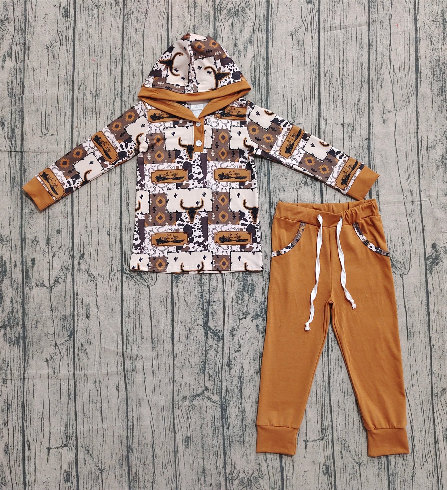 BLP1238 Baby Boys Brown Aztec Bull Skull Button Hoodies Pockets Legging Western Set D 1021