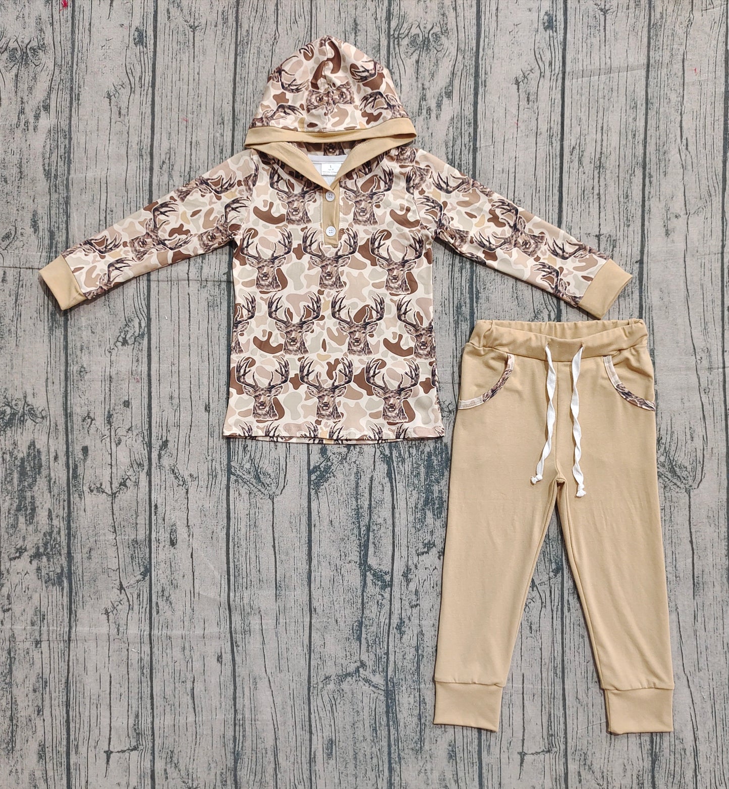 presale BLP1239 Baby Boys Khaki Camo Deer Button Hoodies Pockets Legging Set D 916