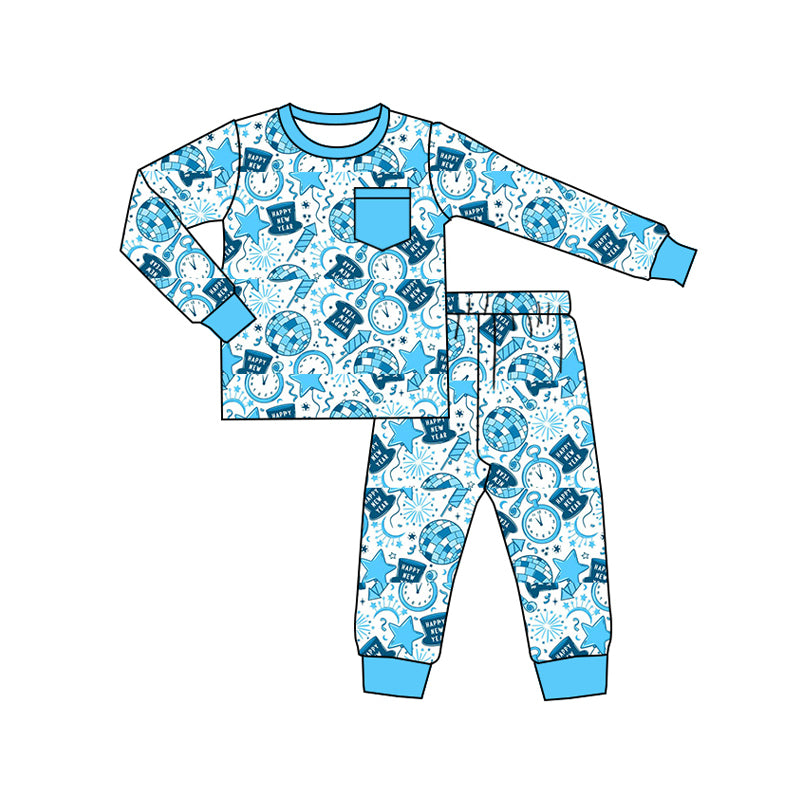 BLP1259 Baby Boys Light Blue Pocket Happy New Year Top Pant Pajamas Set D 1023