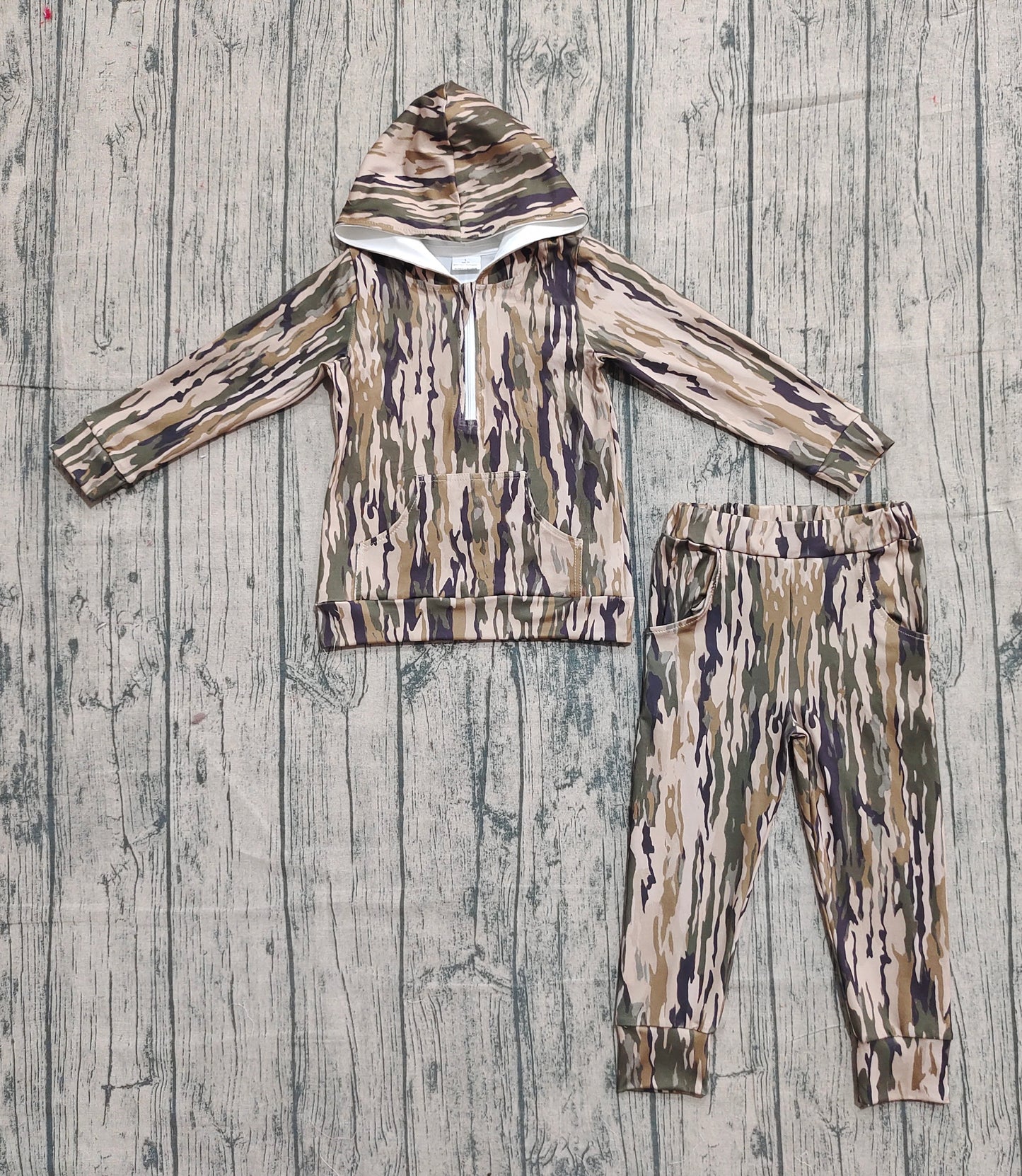 presale BLP1264 Baby Boys Olive Bottomland Camo Hoodies Pockets Pants Clothes Set D 916