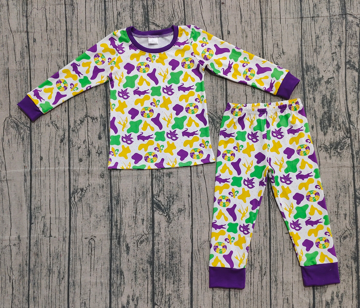 BLP1273 Baby Boys Purple Yellow Green Camo Crayfishes Mardi Gras Pajamas Sets D 922