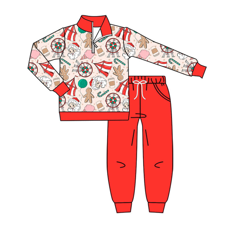 presale BLP1287 Baby Boys Santa Coffee Zipper Pullover Pockets Jogger Pants Christmas Clothes Sets D 911